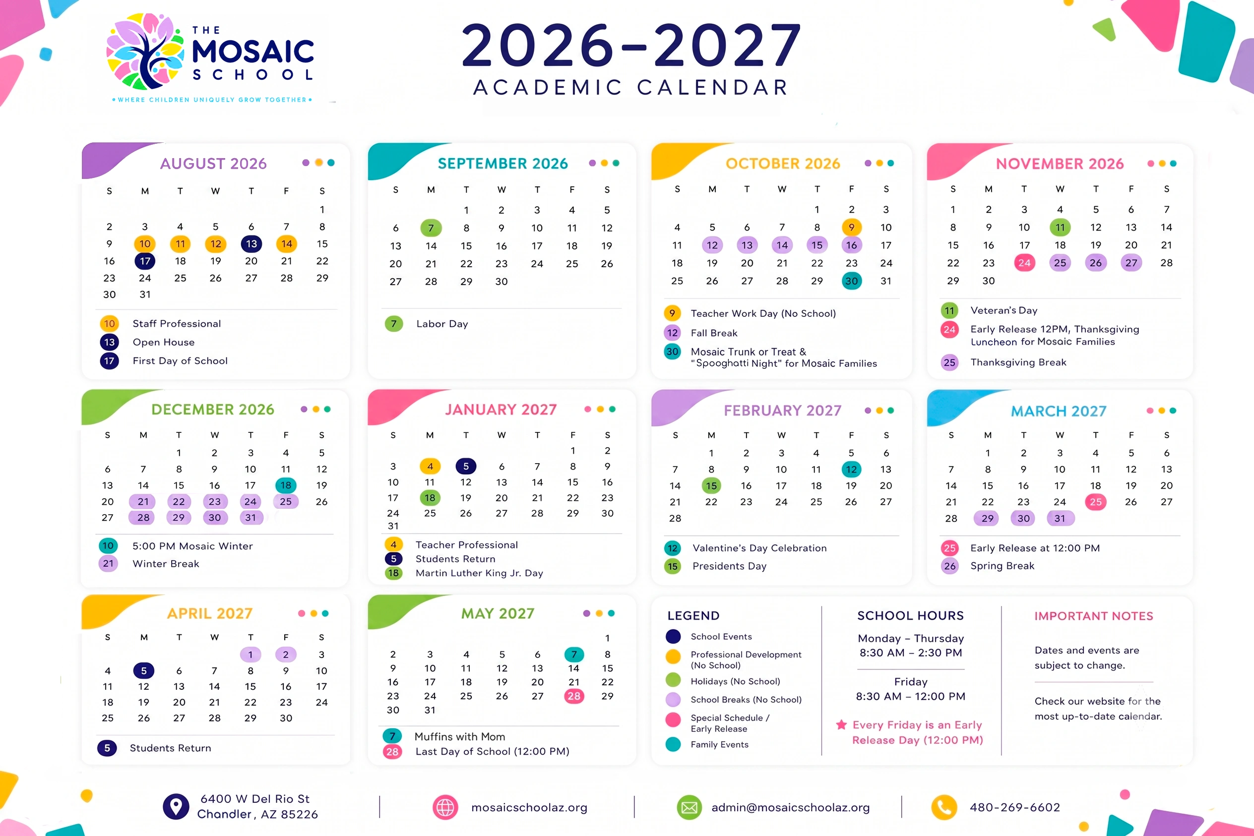 The Mosaic School 2026-2027 Academic Calendar